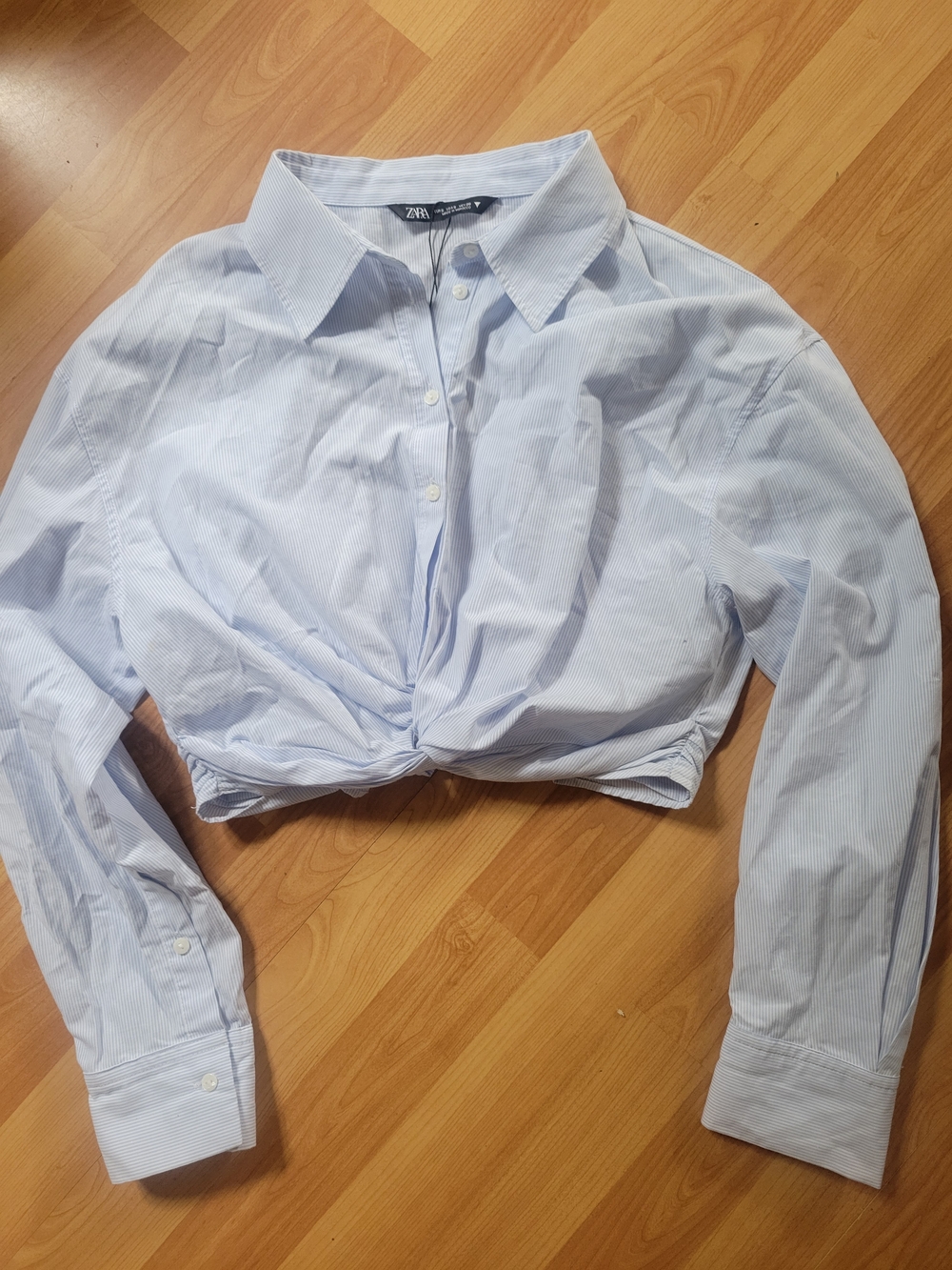 Zara Light Blue Cropped Twist-Front Button-Down Shirt